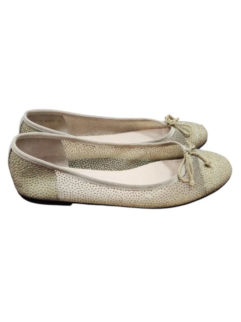 Pretty Ballerinas Size 40 Crystal Studded Ballet Flats Beige Gold Spain EU 40 - Picture 4 of 14